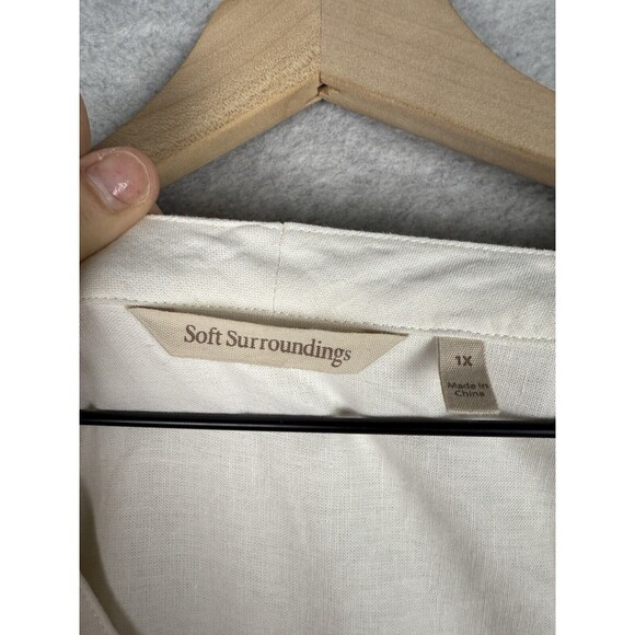 Soft Surroundings Shirt Womens 1X Beige Embroidered Linen Blend Preppy - Picture 4 of 10